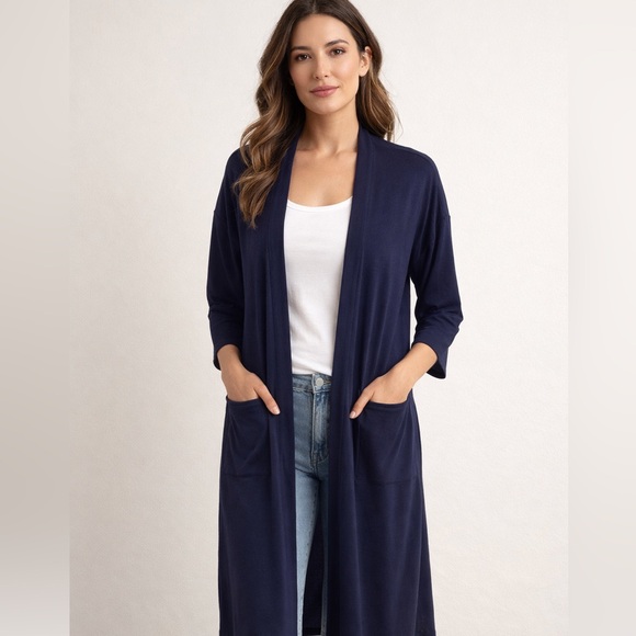 Halston Heritage Sweaters - H Halston Navy Blue Open Front Cardigan Duster with Pocket